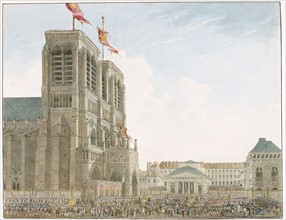 Pierre-François-Léonard Fontaine, Vue de la facade principale de l'Eglise de Notre-Dame et du Portique qui la décorait le jour de le Cérémonie du Couronnement