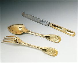 Martin-Guillaume Biennais and Pierre-François Grangeret, Place setting (Fork and spoon) and knife bearing the Emperor's coat of arms.