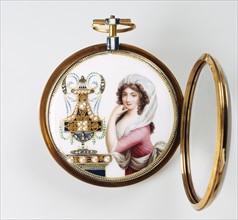 Blonay (Swiss watchmaker?), Pocket watch: young woman beside an urn set with roses and pearls