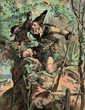 Les aventures de Robinson Crusoé. Illustrations de J.-J. Grandville et chromolithographies de L. Nehlig. Robinson surveille les cannibales
