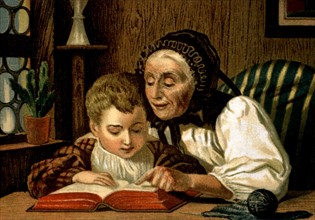Lithographie de G. Knusli, Zurich, Femme et enfant lisant