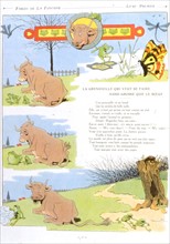 Benjamin Rabier, Illustration des Fables de Jean de la Fontaine : la grenouille voulant se faire aussi grosse que le boeuf (1906)