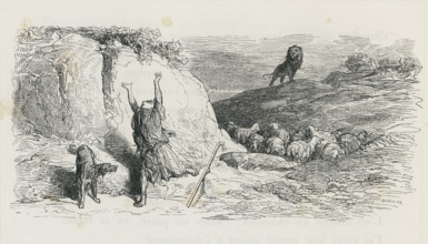 Fable of La Fontaine 'The Shepherd and the Lion'