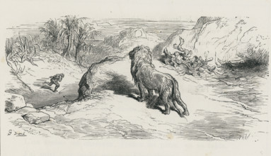Fable of La Fontaine 'The Shepherd and the Lion'