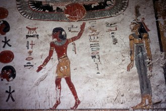 Tombe de Ramsès VI. Disque ailé, dieu dansant, et la  déesse Maât