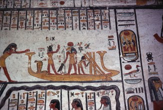 Tomb of Ramses VI. A god worshipping in front of the solar barge at anchor
