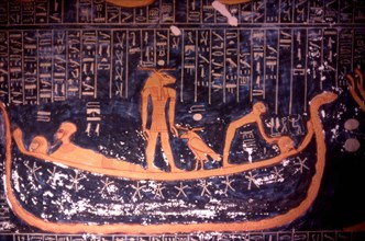 Tombe de Ramsès VI : Bateau formé par un serpent incurvé et une figure humaine allongée