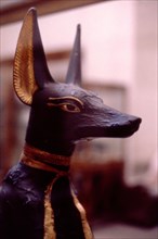 Tête d'Anubis sous forme de chacal reposant sur un coffre en forme de chapelle