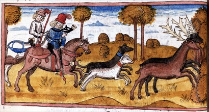 Manuscrit d'Henry de Ferrières, le livre du Roy Modus et de la Royne Ratio, scène de chasse à courre