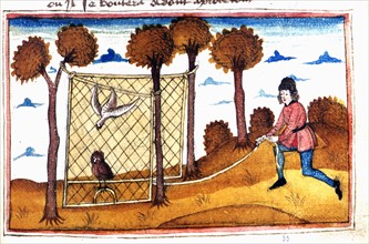 Manuscript. Henry de Ferrières, "Le livre du Roy Modus et de la Royne Ratio": falconry scene
