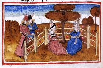 Manuscrit d'Henry de Ferrières, le livre du Roy Modus et de la Royne Ratio, femmes dans un jardin