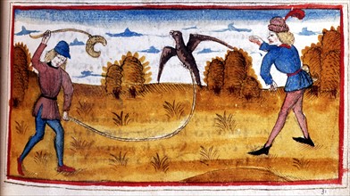 Manuscrit. Henry de Ferrières, "Le livre du Roy Modus et de la Royne Ratio", falconry scene