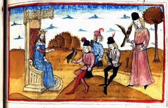 Manuscrit d'Henry de Ferrières, le livre du Roy Modus et de la Royne Ratio, scène de fauconnerie