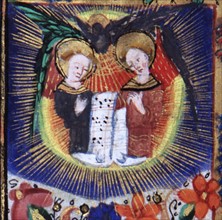 Manuscrit des Heures de Rohan-Montauban : Détail de l'Assomption de la Vierge et de sa mise au tombeau : anges musiciens