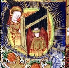 Manuscript of the Hours of Rohan-Montauban. Detail of the Assumption of the Virgin and her entombment: angels