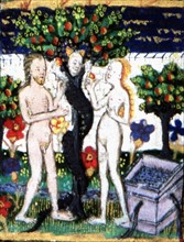 Manuscript of the Hours of Rohan-Montauban, Scene from Genesis: Adam and Eve biting the apple