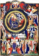 Manuscript of the Hours of Rohan-Montauban : Composition of several scenes organized around a globe depicting the Virgin and Child