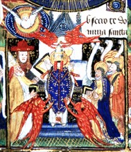 Manuscrit des Heures de Rohan-Montauban : Composition à plusieurs scènes ordonnées autour d'une orbe représentant la Vierge et son fils