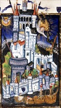 Manuscript of the Hours of Rohan-Montauban. Series on the suffrage for the saints: the archangel Gabriel dominating a fortified castledominant un château-fort