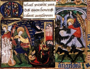 Manuscript of the Hours of Rohan-Montauban. Series on the suffrage for the saints: the archangel Gabriel holding up the scales with the chosen and the damned