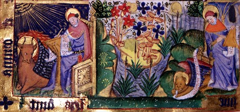 Manuscrit des Heures de Rohan-Montauban : Le Christ en majesté cantonné des quatre évangélistes et de leur symbole, détail
