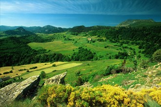 Vue de la D410 : roche de Borée, Gouleyou devant suc de Sara, suc de Touron, Chabrières, Mont Mézenc