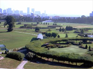 View from the grandstand canopy towards the entrance to the golf club and La Défense