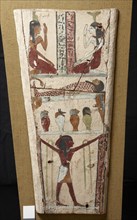Egyptian painted wood and stucco sarcophagus panel