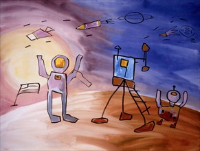 Painted canvas tarp. Drawing: first man landing on Moon