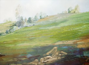 Painted canvas tarp. Rural landscape