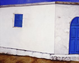 Painted canvas tarp. Maison blanche et bleue