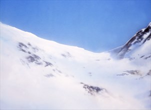 Painted canvas tarp. Mountainous landscape