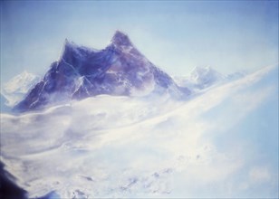 Painted canvas tarp. Mountainous landscape