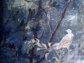 Painted backdrop with foliage and birds
