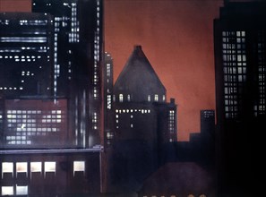 Painted backdrop. Night view over buildings