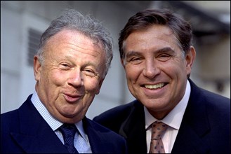 02/00/2001. EXCLUSIVE. French Radio hosts Philippe Bouvard and Jean-Pierre Foucault back on the air of RTL