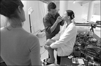 09/30/2002.  Stephane Marais, make-up tests for the coming Issey Miyake spring-summer 2003 show.