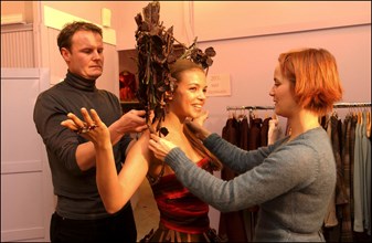 10/28/2002.  Fashion designers dress Severine Ferrer, Laure de Lattre and Mya Frye in chocolate for catwalk appearance at the 8th Salon du Chocolat, Oct. 30.