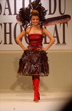 10/30/2002. Chocolate dresses fashion show at "Salon du Chocolat" exhibit in Paris