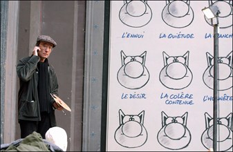 10/24/2003. Belgian cartoonist and TV host Phillipe Geluck's art exhibit at the Beaux-Arts, Paris : a first for any comic strip artist.