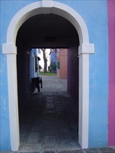 Venise, Burano, passage couvert et murs de couleurs