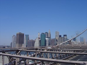 View of the financial district from Brooklyn bridge in New York