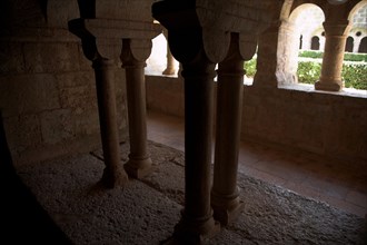 Provence811 Abbaye du Thoronet, le cloître vu depuis la salle capitulaire : arcades géminées,