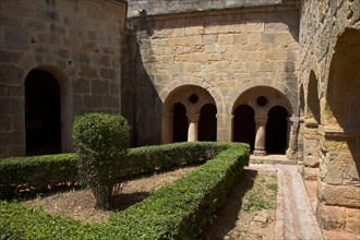Provence803 Abbaye du Thoronet, le cloître : jardin, arcades et lavabo