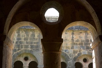 Provence806 Abbaye du Thoronet, le cloître : arcades géminées, oculus et chapiteaux