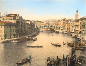 Venise Italie circa 1880 : Grand Canal et Pont du Rialto (chromo)