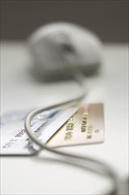 Computer mouse and credit cards.