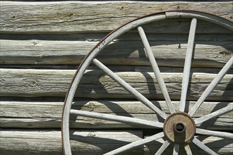 Wagon wheel against wooden wall.