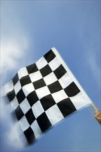 Hand waving checkered flag.