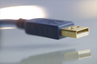 Closeup of a computer USB plug.